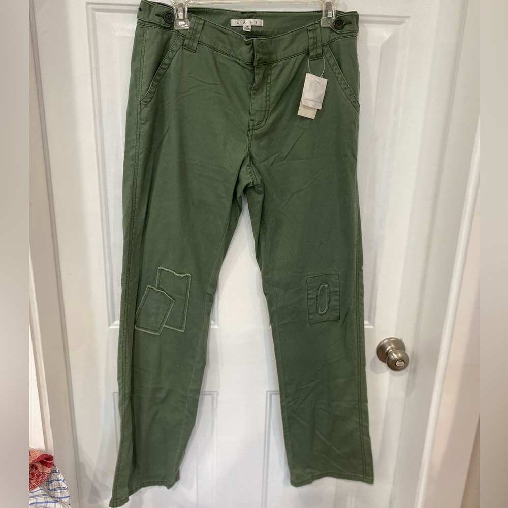 CAbi Olive Cargo Pants with Unique Patches NWT women’s Size 8 casual